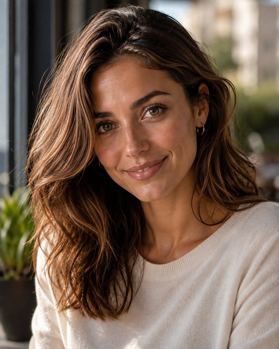 Retrato de Alicia Wawe con luz cálida junto a una ventana