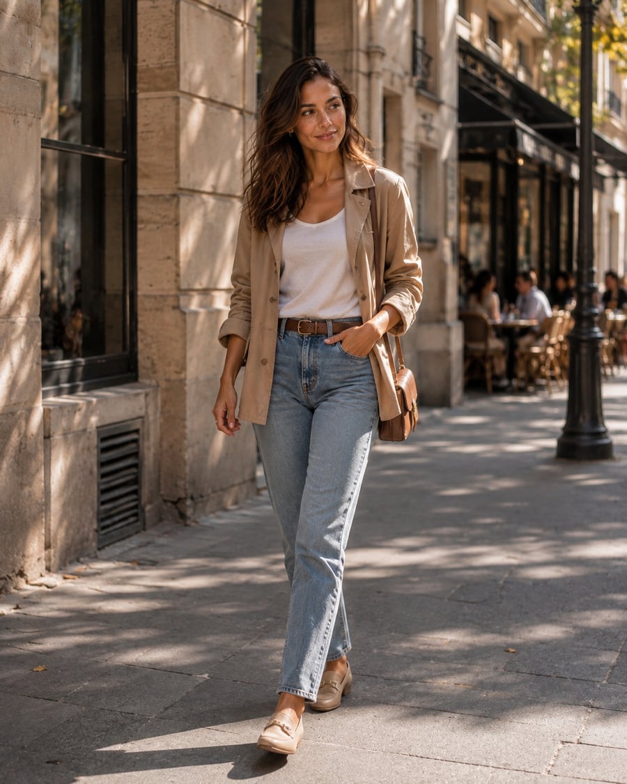 Alicia Wawe paseando por una calle de una ciudad europea, estilo urbano