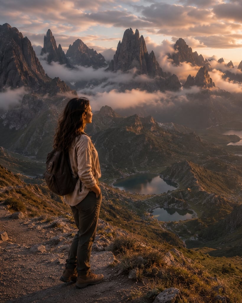 Alicia Wawe contemplando un paisaje de montañas y lagos al atardecer