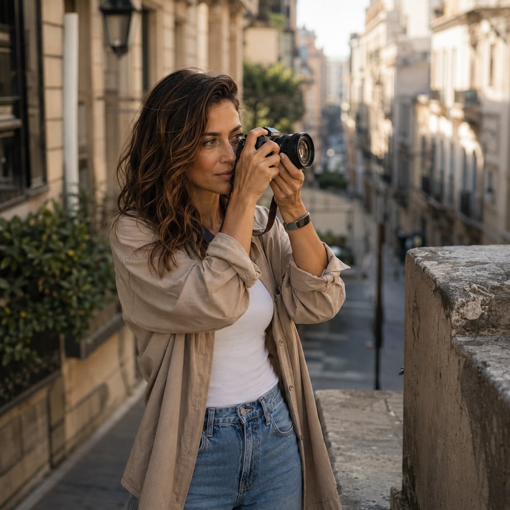 Alicia Wawe haciendo una fotografía con su cámara en una calle al atardecer