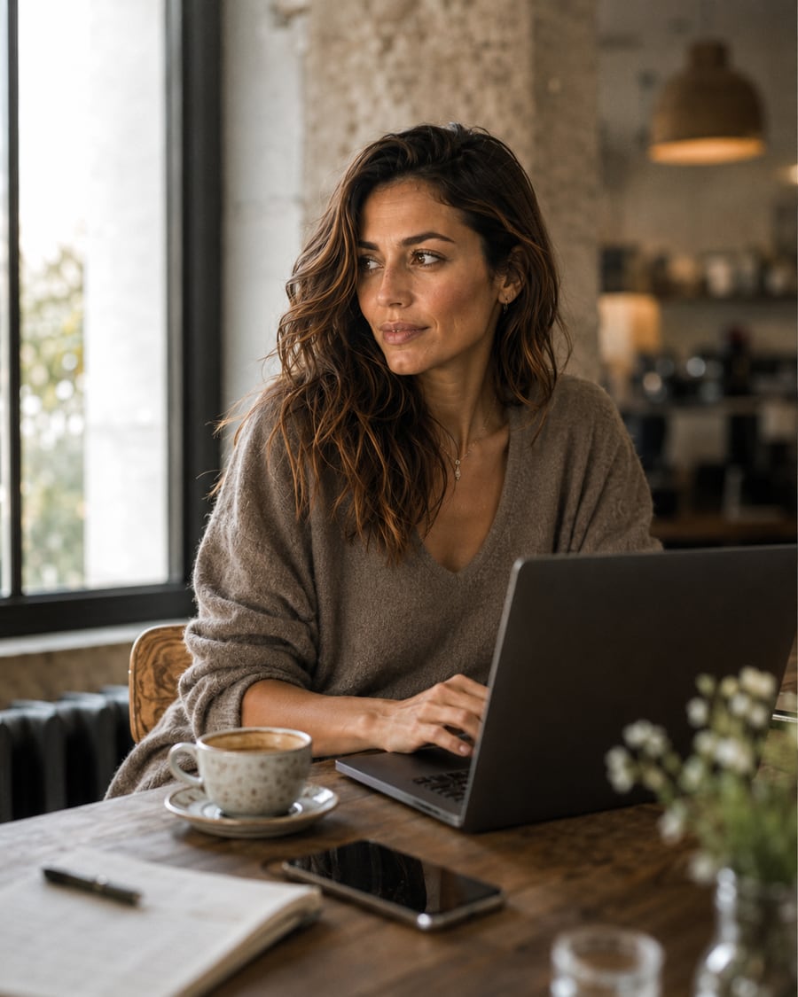 Alicia Wawe con su portátil en una cafetería junto a la ventana