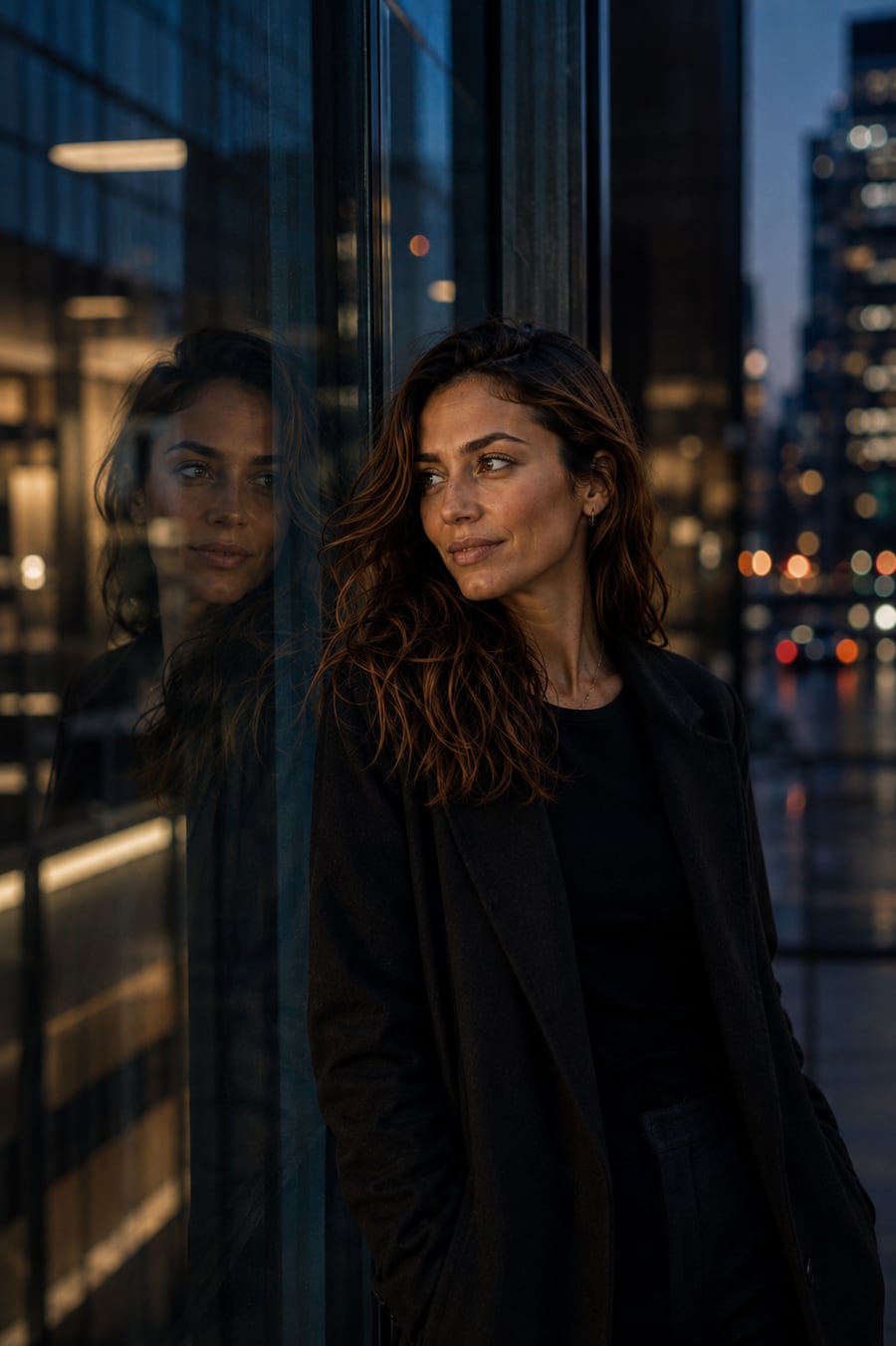 Alicia Wawe reflejada en un cristal con la ciudad al anochecer